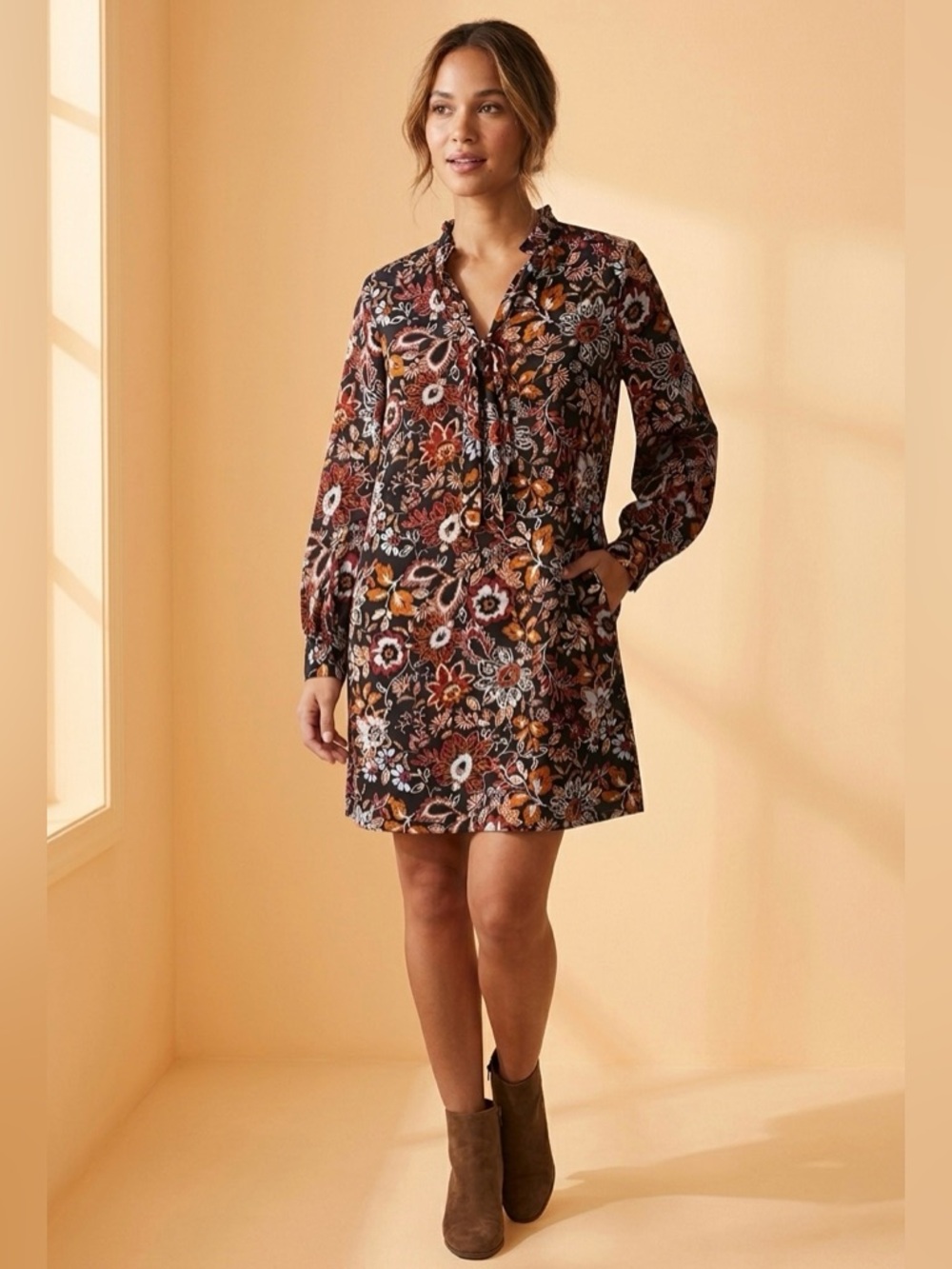 Massini Black Floral Tie-Neck Mini Dress